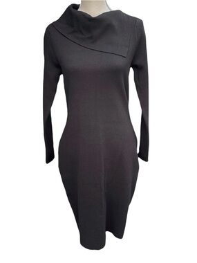 Tahari Black Asymmetric Collar Long Sleeve Jersey Midi Dress (M)